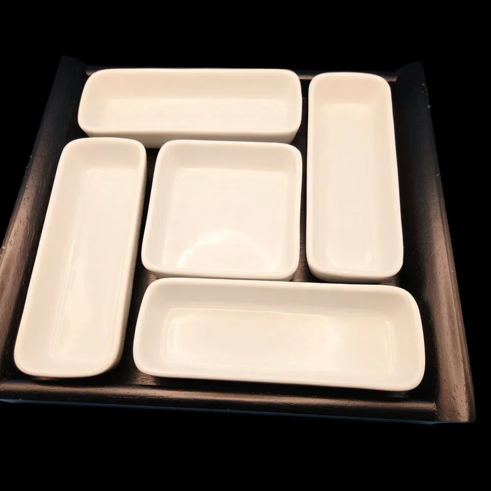 Crate & Barrel 5-Piece Appetizer Serving Set Wood Tray Porcelain Bowls
